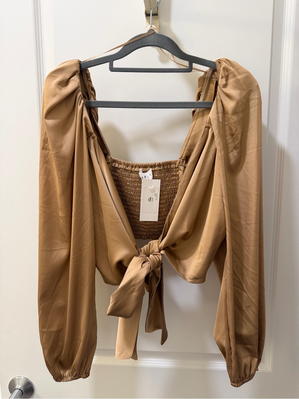 Satin Tie-Front Crop Top - Camel